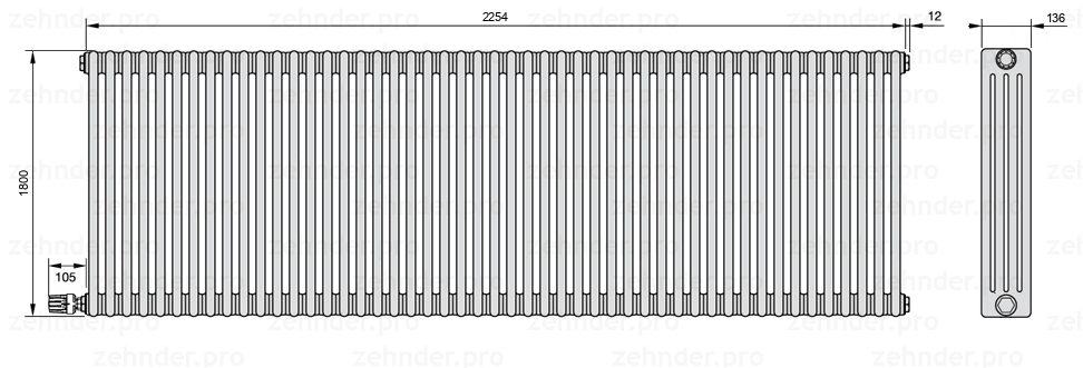Схема (чертеж) Радиатор Zehnder Charleston 4180/49 №V003 Белый глянцевый RAL 9016